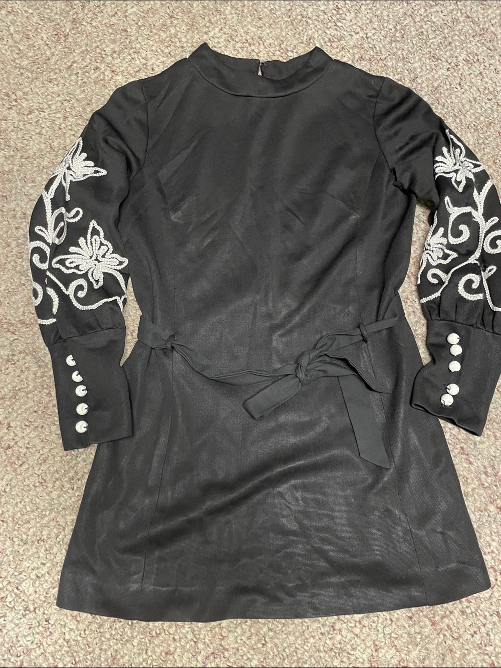 Vintage 60s Black Long-Sleeve Embroidered Sleeve Dress with Waist Tie